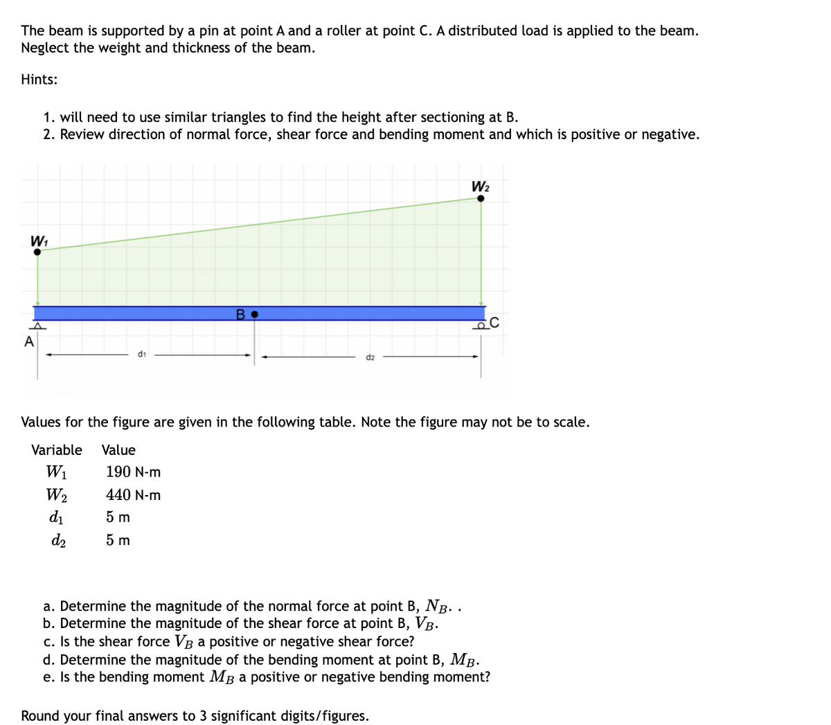 The beam is supported by a pin at point A and a roller at point C. A distributed load is applied to the beam.
Neglect the weight and thickness of the beam.
Hints:
1. will need to use similar triangles to find the height after sectioning at B.
2. Review direction of normal force, shear force and bending moment and which is positive or negative.
W2
W1
A
di
d2
Values for the figure are given in the following table. Note the figure may not be to scale.
Variable
Value
W1
190 N-m
W2
440 N-m
di
5 m
d2
5 m
a. Determine the magnitude of the normal force at point B, NB. .
b. Determine the magnitude of the shear force at point B, VB-
c. Is the shear force VB a positive or negative shear force?
d. Determine the magnitude of the bending moment at point B, MB.
e. Is the bending moment MB a positive or negative bending moment?
Round your final answers to 3 significant digits/figures.
