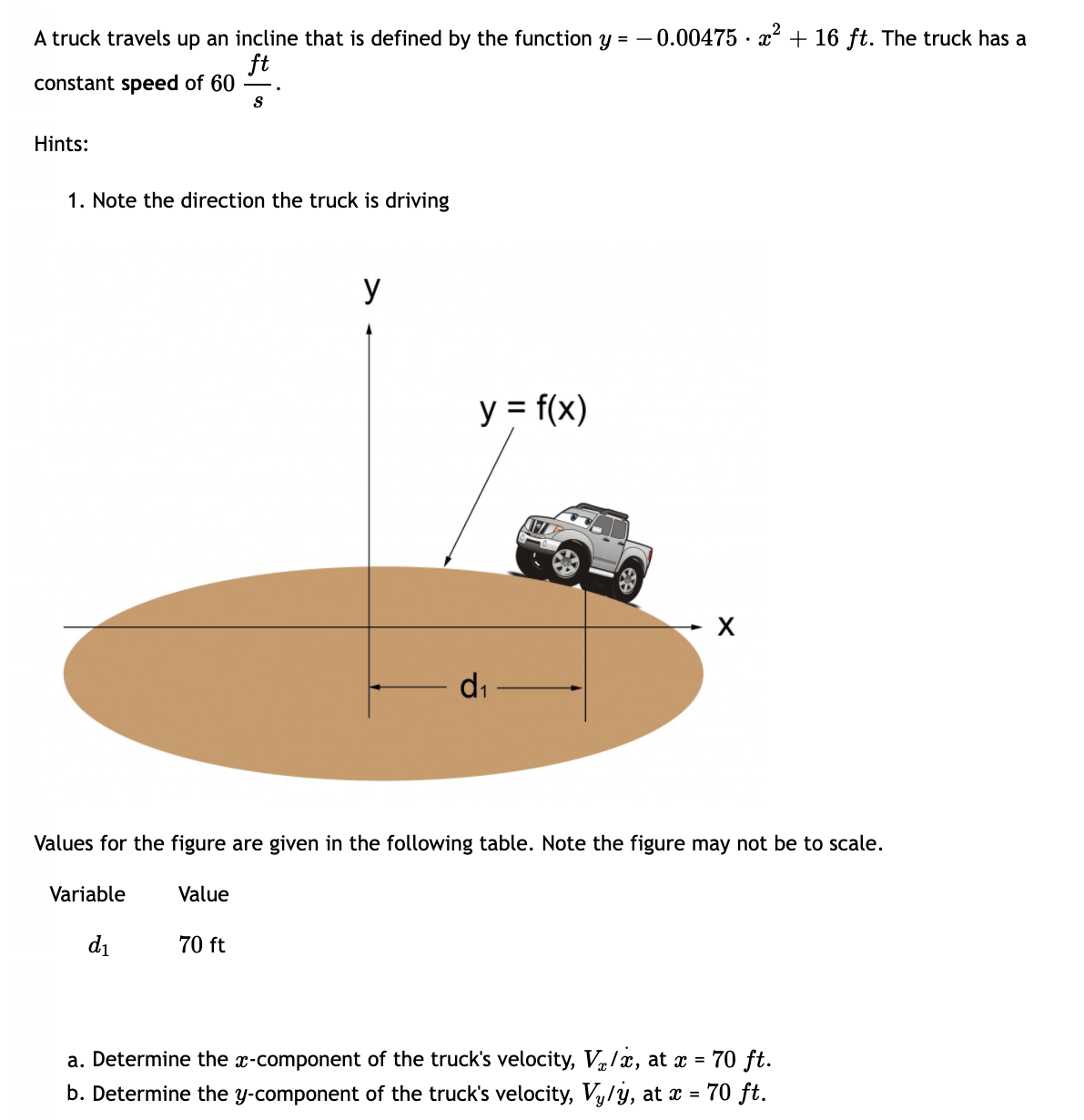 A truck travels up an incline that is defined by the function y = – 0.00475 · x² + 16 ft. The truck has a
ft
constant speed of 60
Hints:
1. Note the direction the truck is driving
y
y = f(x)
di
Values for the figure are given in the following table. Note the figure may not be to scale.
Variable
Value
di
70 ft
70 ft.
b. Determine the y-component of the truck's velocity, Vy/y, at x = 70 ft.
a. Determine the x-component of the truck's velocity, V/x, at x =
