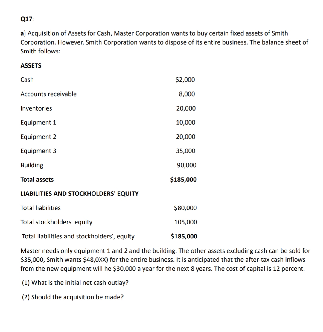 Q17:
a) Acquisition of Assets for Cash, Master Corporation wants to buy certain fixed assets of Smith
Corporation. However, Smith Corporation wants to dispose of its entire business. The balance sheet of
Smith follows:
ASSETS
Cash
$2,000
Accounts receivable
8,000
Inventories
20,000
Equipment 1
10,000
Equipment 2
20,000
Equipment 3
35,000
Building
90,000
Total assets
$185,000
LIABILITIES AND STOCKHOLDERS' EQUITY
Total liabilities
$80,000
Total stockholders equity
105,000
Total liabilities and stockholders', equity
$185,000
Master needs only equipment 1 and 2 and the building. The other assets excluding cash can be sold for
$35,000, Smith wants $48,0X) for the entire business. It is anticipated that the after-tax cash inflows
from the new equipment will he $30,000 a year for the next 8 years. The cost of capital is 12 percent.
(1) What is the initial net cash outlay?
(2) Should the acquisition be made?
