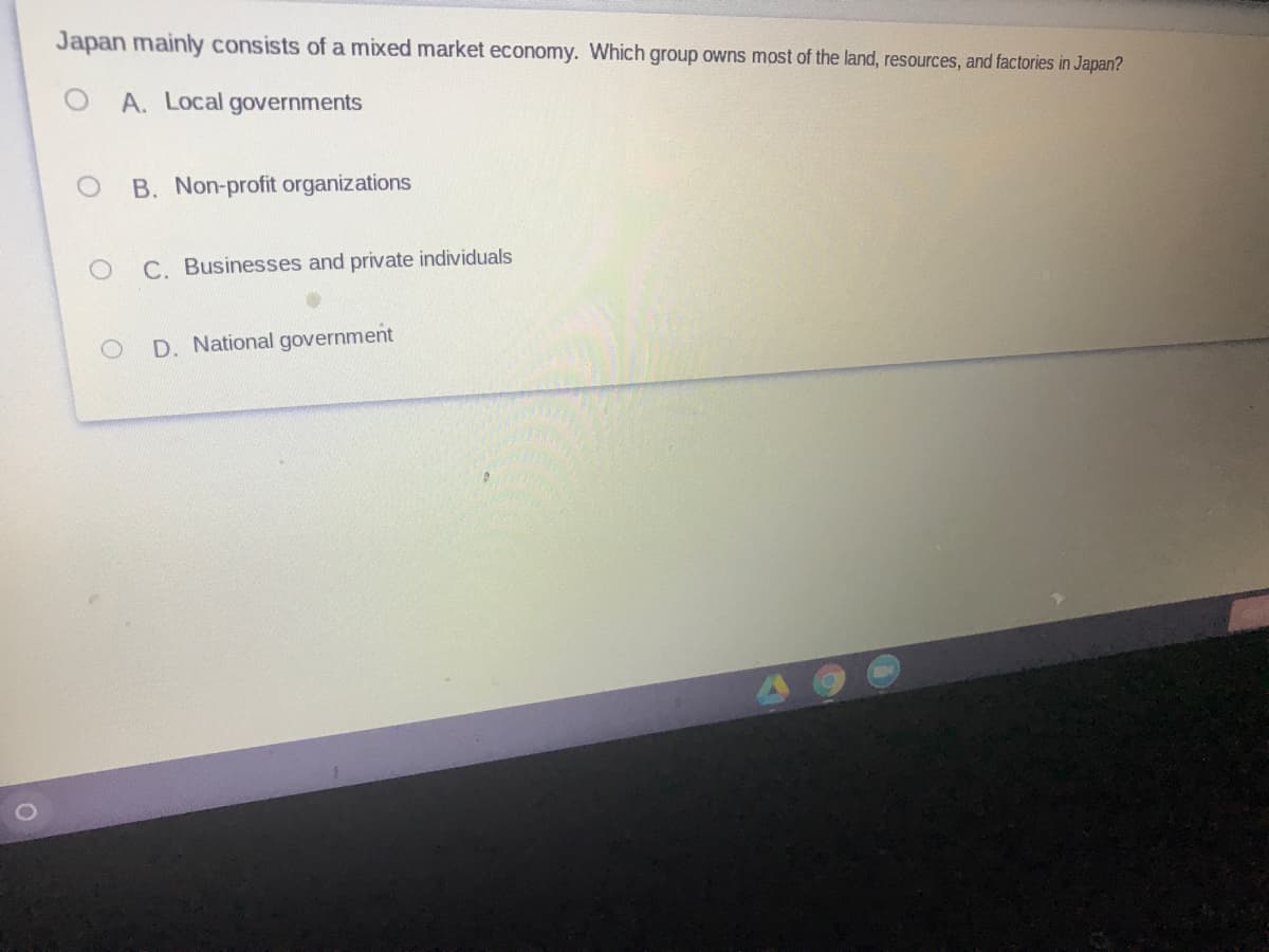 Japan mainly consists of a mixed market economy. Which group owns most of the land, resources, and factories in Japan?
A. Local governments
B. Non-profit organizations
C. Businesses and private individuals
D. National government
