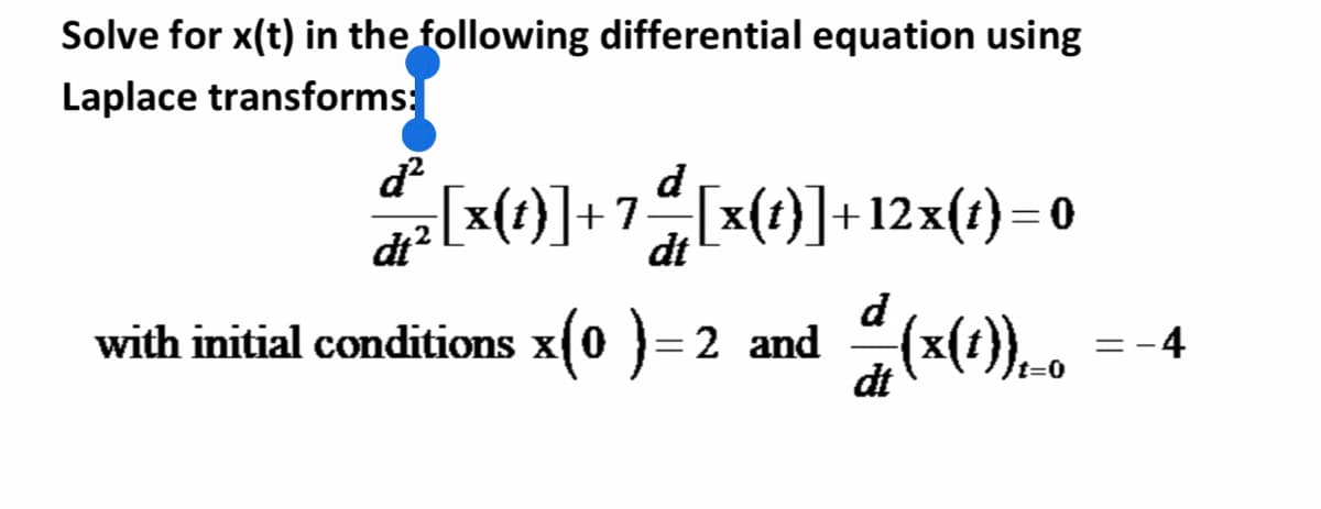 Solve for x(t) in the following differential equation using
Laplace transforms:
d?
d
[x(}]+7[x(1)]+12x(1)=0
dt?
dt
d
with initial conditions x(0 }=2 and
(x()),. =-4
t=0
dt
