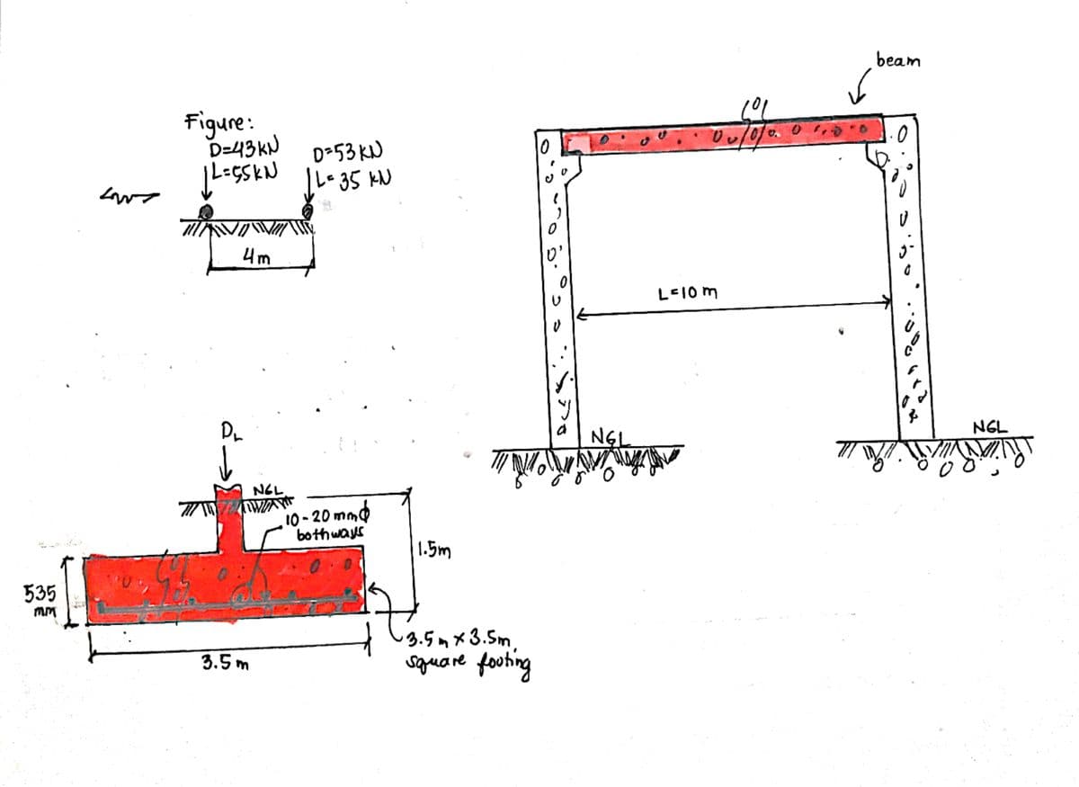 535
MM
دست
Figure:
D=43KN
| L=55KN
4m
P₂
NEL
WWW
3.5m
D=53KN
| L = 35 KN
10-20mmd
both ways
1.5m
0
3.5m x 3.5m.
square footing
"
0
fo
a
TIN V
NGL
LºL
0 0/0/0.
L=10m
beam
U
५.
.ܘܢ
NGL
REAR