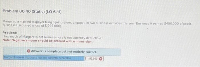 Problem 06-40 (Static) [LO 6-11]
Margaret, a married taxpayer filing a joint return, engaged in two business activities this year, Business A earned $400,000 of profit.
Business B incurred a loss of $(995,000)
Required:
How much of Margaret's net business loss is not currently deductible?
Note: Negative amount should be entered with a minus sign.
Answer is complete but not entirely correct.
$(95,000)
Margaret's excess business loss not currently deductible