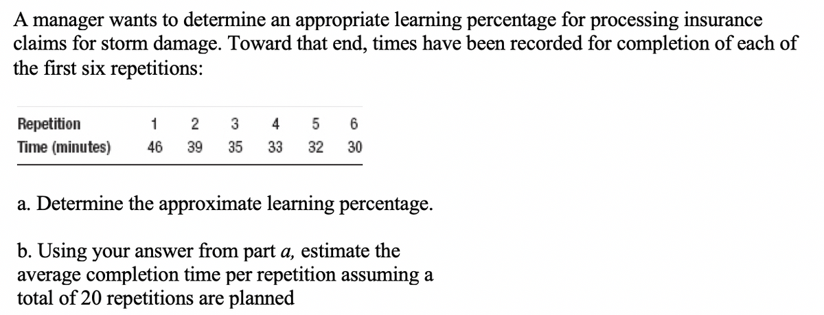 A manager wants to determine an appropriate learning percentage for processing insurance
claims for storm damage. Toward that end, times have been recorded for completion of each of
the first six repetitions:
Repetition
1
2
Time (minutes) 46 39
3
4 5 6
35 33 32 30
a. Determine the approximate learning percentage.
b. Using your answer from part a, estimate the
average completion time per repetition assuming a
total of 20 repetitions are planned