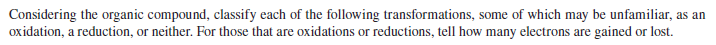 Considering the organic compound, classify each of the following transformations, some of which may be unfamiliar, as an
oxidation, a reduction, or neither. For those that are oxidations or reductions, tell how many electrons are gained or lost.
