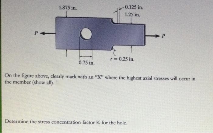 P
1.875 in.
0.75 in.
0.125 in.
1.25 in.
r = 0.25 in.
On the figure above, clearly mark with an "X" where the highest axial stresses will occur in
the member (show all).
Determine the stress concentration factor K for the hole.