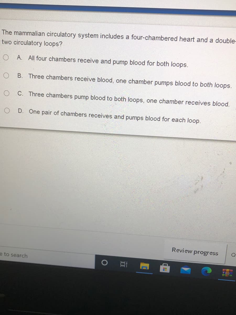 The mammalian circulatory system includes a four-chambered heart and a double-
two circulatory loops?
A. All four chambers receive and pump blood for both loops.
B. Three chambers receive blood, one chamber pumps blood to both loops.
C. Three chambers pump blood to both loops, one chamber receives blood.
D.
One pair of chambers receives and pumps blood for each loop.
Review progress
e to search
