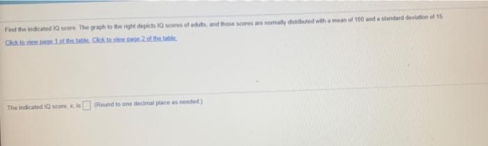 Find the indicated 10 score The graph to the right depicts IQ scores of adults, and those scores are nomally distilbuted with a mean of 100 and a standard deviation of 15
Chck tew egs1.ofthe table. Cick to vi page 2.of the table
The indicated I0 score. is (Round to one decimal place as needed)
