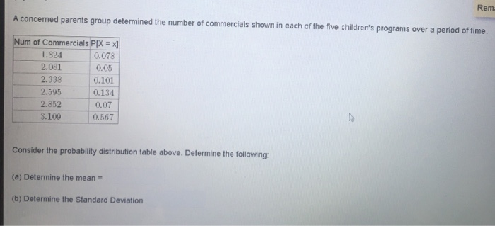 Rem.
A concerned parents group determined the number of commercials shown in each of the five children's programs over a period of time.
Num of Commercials P(X = x
1.824
0.078
2.081
0.05
2.338
0.101
2.595
0.134
2.852
0.07
3.109
0.567
Consider the probability distribution table above. Determine the following:
(a) Determine the mean =
(b) Determine the Standard Deviation
