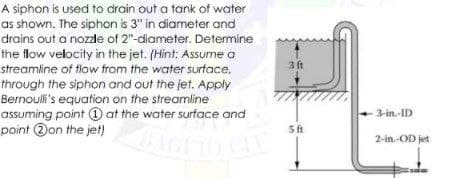 A siphon is used to drain out a tank of water
as shown. The siphon is 3" in diameter and
drains out a nozzle of 2"-diameter. Determine
the flow velocity in the jet. (Hint: Assume a
streamline of flow from the water surface.
through the siphon and out the jet. Apply
Bernoulli's equation on the streamline
assuming point 1 at the water surface and
point on the jet)
3 ft
5 ft
-3-in.-ID
2-in.-OD jet