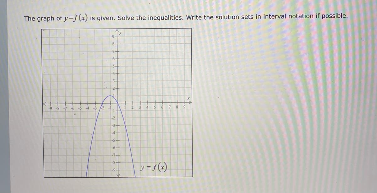 The graph of y=f(x) is given. Solve the inequalities. Write the solution sets in interval notation if possible.
9.
8-
7-
6-
5.
4
3.
2-
-7
-6 -5
-2
6
9.
-2-
-4
-5-
-6-
-7
-8-
y = f (x)
