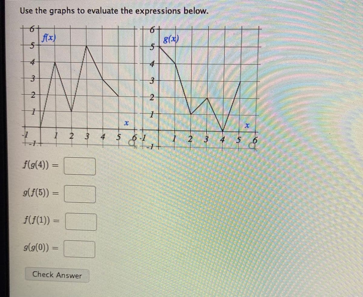 Use the graphs to evaluate the expressions below.
61
fAx)
8(x)
2 3 4 5 61
1 2 3 4 5
f(g(4)) =
%3D
g(f(5)) =
%3D
f(f(1)) =
g(g(0)) =
Check Answer
