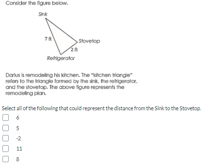 Consider the figure below.
Sink
7 ft
Stovetop
2 ft
Refrigerator
Darius is remodeling his kitchen. The "kitchen triangle"
refers to the triangle formed by the sink, the refrigerator,
and the stovetop. The above figure represents the
remodeling plan.
Select all of the following that could represent the distance from the Sink to the Stovetop.
6
-2
11
8
