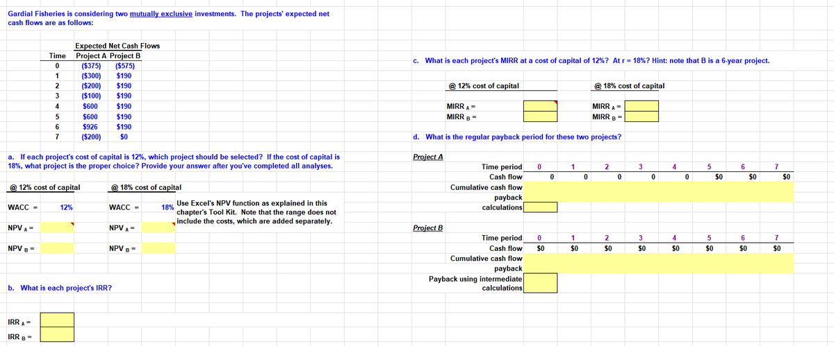 Gardial Fisheries is considering two mutually exclusive investments. The projects' expected net
cash flows are as follows:
WACC =
NPV A =
NPV B=
Time
0
1
2
3
4
5
6
7
a. If each project's cost of capital is 12%, which project should be selected? If the cost of capital is
18%, what project is the proper choice? Provide your answer after you've completed all analyses.
@ 12% cost of capital
@ 18% cost of capital
IRR A =
IRR B =
Expected Net Cash Flows
Project A Project B
12%
($375) ($575)
($300)
$190
($200) $190
($100)
$190
$600
$190
$190
$190
$600
$926
($200) $0
WACC =
NPV A
NPV B=
b. What is each project's IRR?
18%
Use Excel's NPV function as explained in this
chapter's Tool Kit. Note that the range does not
include the costs, which are added separately.
c. What is each project's MIRR at a cost of capital of 12%? At r = 18%? Hint: note that B is a 6-year project.
@ 12% cost of capital
Project B
MIRRA =
MIRR B=
d. What is the regular payback period for these two projects?
Project A
Time period
Cash flow
Cumulative cash flow
payback
calculations
Time period
Cash flow
Cumulative cash flow
payback
Payback using intermediate
calculations
0
0
$0
0
1
1
$0
@18% cost of capital
MIRR A=
MIRR B =
0
2
2
$0
0
3
3
$0
0
4
4
$0
0
5
5
$0
$0
6
6
$0
$0
7
7
$0
$0