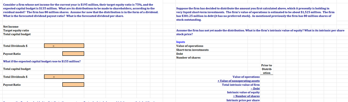 Consider a firm whose net income for the current year is $195 million, their target equity ratio is 75%, and the
expected capital budget is $135 million. What are its distributions to be made to shareholders, according to the
residual model? The firm has 80 million shares. Assume for now that the distribution is in the form of a dividend.
What is the forecasted dividend payout ratio? What is the forecasted dividend per share.
Net Income
Target equity ratio
Total capital budget
Total Dividends $
Payout Ratio
What if the expected capital budget rose to $155 million?
Total capital budget
Total Dividends $
Payout Ratio
=
Suppose the firm has decided to distribute the amount you first calculated above, which it presently is holding in
very liquid short-term investments. The firm's value of operations is estimated to be about $1,525 million. The firm
has $381.25 million in debt (it has no preferred stock). As mentioned previously the firm has 80 million shares of
stock outstanding.
Assume the firm has not yet made the distribution. What is the firm's intrinsic value of equity? What is its intrinsic per share
stock price?
Inputs
Value of operations
Short-term investments
Debt
Number of shares
Value of operations
+ Value of nonoperating assets
Total intrinsic value of firm
- Debt
Intrinsic value of equity
÷ Number of shares
Intrinsic price per share
Prior to
Distrib
ution