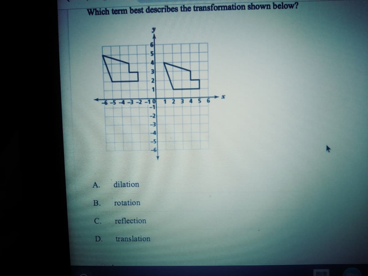 Which term best describes the transformation shown below?
3
2
45
-3-2-10
-1
12
-2
-3
-41
-5
A.
dilation
B.
rotation
C.
reflection
D.
translation
