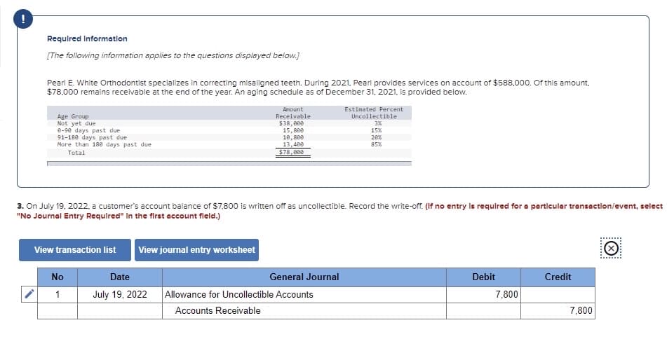 Requlred Informatlon
[The following information applies to the questions displayed below.]
Pearl E. White Orthodontist specializes in correcting misaligned teeth. During 2021, Peari provides services on account of $588,000. Of this amount,
$78.000 remains receivable at the end of the year. An aging schedule as of December 31, 2021, is provided below.
Estinated Percent
Uncollectible
Amount
Receivable
Age Group
Not yet due
8-9e days past due
91-180 days past due
More than 180 days past due
$38,000
15, 800
10, Bee
13,400
$78,000
3%
15%
20%
85%
Total
3. On July 19, 2022, a customer's account balance of $7,800 is written off as uncollectible. Record the write-off. (If no entry Is requlred for a particular transactlon/event, select
"No Journal Entry Requlred" In the first account fleld.)
View transaction list
View journal entry worksheet
No
Date
General Journal
Debit
Credit
1
July 19, 2022
Allowance for Uncollectible Accounts
7,800
Accounts Receivable
7,800
........
.......
