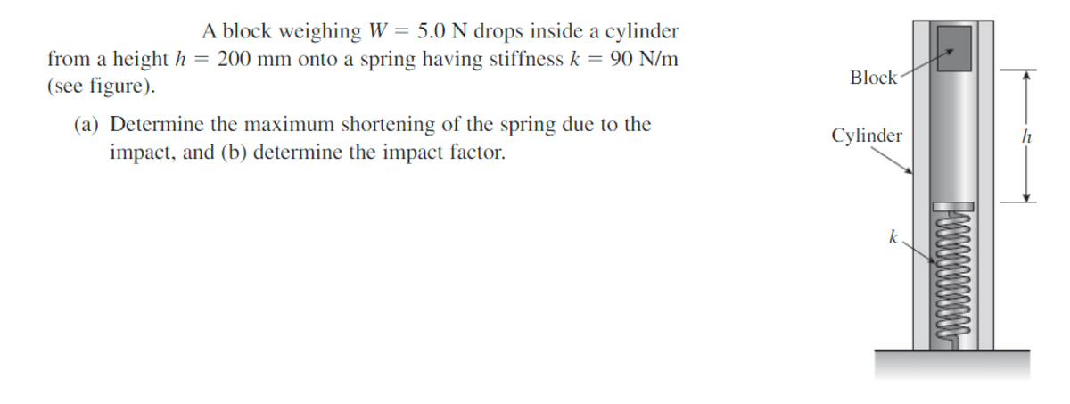 A block weighing W = 5.0 N drops inside a cylinder
from a height h = 200 mm onto a spring having stiffness k = 90 N/m
(see figure).
%3D
Block
(a) Determine the maximum shortening of the spring due to the
impact, and (b) determine the impact factor.
Cylinder
k
