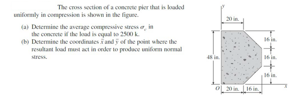 The cross section of a concrete pier that is loaded
uniformly in compression is shown in the figure.
20 in.
(a) Determine the average compressive stress o, in
the concrete if the load is equal to 2500 k.
(b) Determine the coordinates Fand ỹ of the point where the
resultant load must act in order to produce uniform normal
16 in.
stress.
48 in.
16 in.
16 in.
OL 20 in.
16 in.
