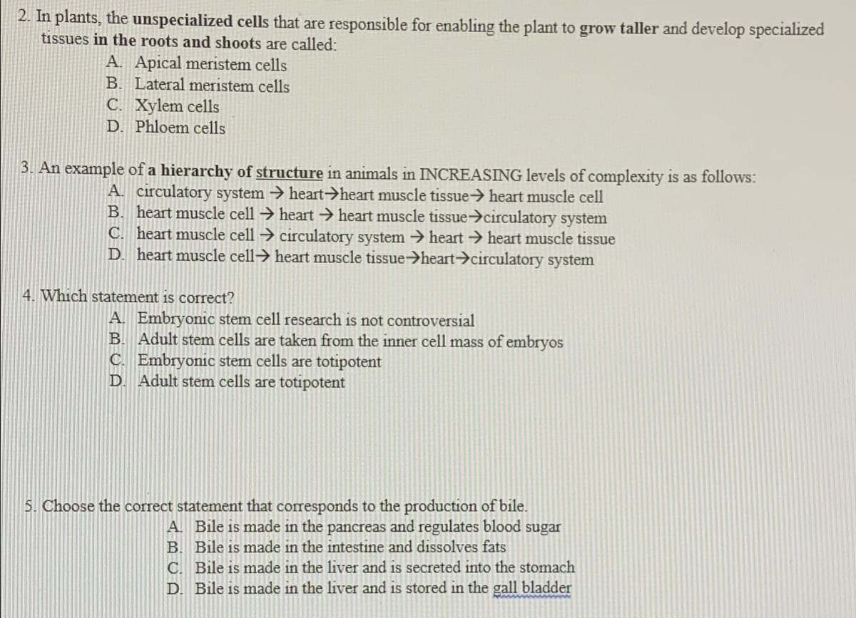 2. In plants, the unspecialized cells that are responsible for enabling the plant to grow taller and develop specialized
tissues in the roots and shoots are called:
A. Apical meristem cells
B. Lateral meristem cells
C. Xylem cells
D. Phloem cells
3. An example of a hierarchy of structure in animals in INCREASING levels of complexity is as follows:
A. circulatory system heart>heart muscle tissue> heart muscle cell
B. heart muscle cell heart → heart muscle tissue circulatory system
C. heart muscle cell circulatory system > heart heart muscle tissue
D. heart muscle cell> heart muscle tissue>heart-circulatory system
4. Which statement is correct?
A. Embryonic stem cell research is not controversial
B. Adult stem cells are taken from the inner cell mass of embryos
C. Embryonic stem cells are totipotent
Adult stem cells are totipotent
D.
5. Choose the correct statement that corresponds to the production of bile.
A. Bile is made in the pancreas and regulates blood sugar
B. Bile is made in the intestine and dissolves fats
C. Bile is made in the liver and is secreted into the stomach
D. Bile is made in the liver and is stored in the gall bladder
