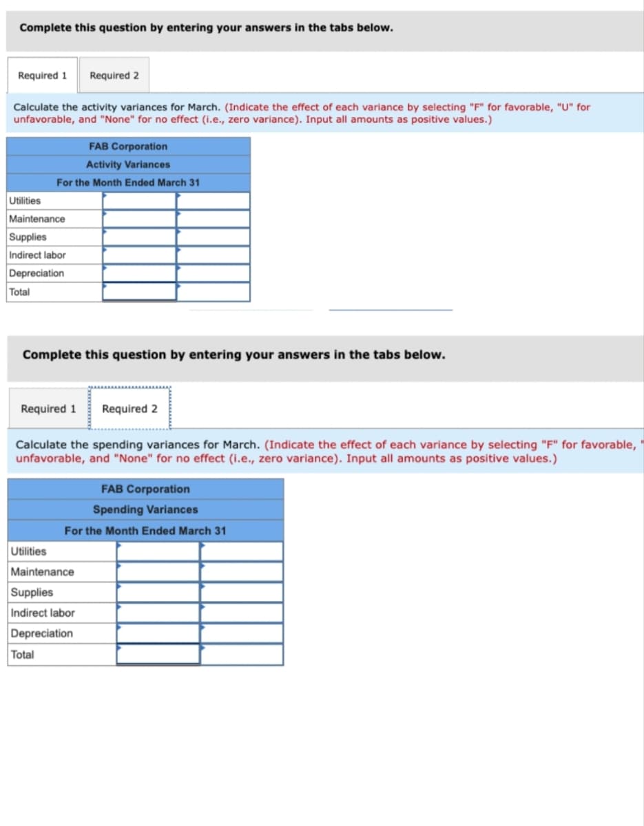 Complete this question by entering your answers in the tabs below.
Required 1
Required 2
Calculate the activity variances for March. (Indicate the effect of each variance by selecting "F" for favorable, "U" for
unfavorable, and "None" for no effect (i.e., zero variance). Input all amounts as positive values.)
FAB Corporation
Activity Variances
For the Month Ended March 31
Utilities
Maintenance
Supplies
Indirect labor
Depreciation
Total
Complete this question by entering your answers in the tabs below.
Required 1
Required 2
Calculate the spending variances for March. (Indicate the effect of each variance by selecting "F" for favorable,
unfavorable, and "None" for no effect (i.e., zero variance). Input all amounts as positive values.)
FAB Corporation
Spending Variances
For the Month Ended March 31
Utilities
Maintenance
Supplies
Indirect labor
Depreciation
Total
