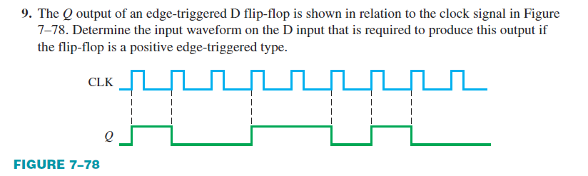 9. The Q output of an edge-triggered D flip-flop is shown in relation to the clock signal in Figure
7-78. Determine the input waveform on the D input that is required to produce this output if
the flip-flop is a positive edge-triggered type.
புபுடபட
CLK
FIGURE 7-78
