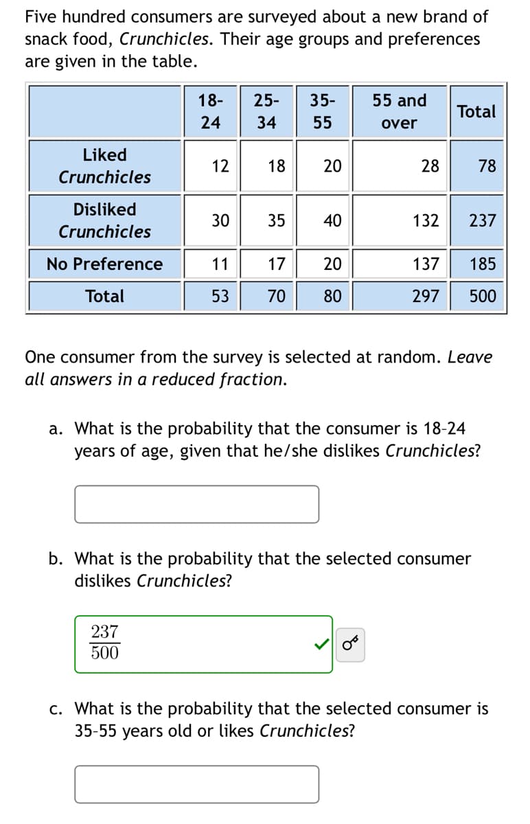 Five hundred consumers are surveyed about a new brand of
snack food, Crunchicles. Their age groups and preferences
are given in the table.
18-
25-
35-
55 and
Total
24
34
55
over
Liked
12
18
20
28
78
Crunchicles
Disliked
30
35
40
132
237
Crunchicles
No Preference
11
17
20
137
185
Total
53
70
80
297
500
One consumer from the survey is selected at random. Leave
all answers in a reduced fraction.
a. What is the probability that the consumer is 18-24
years of age, given that he/she dislikes Crunchicles?
b. What is the probability that the selected consumer
dislikes Crunchicles?
237
500
c. What is the probability that the selected consumer is
years old or likes Crunchicles?
35-55
