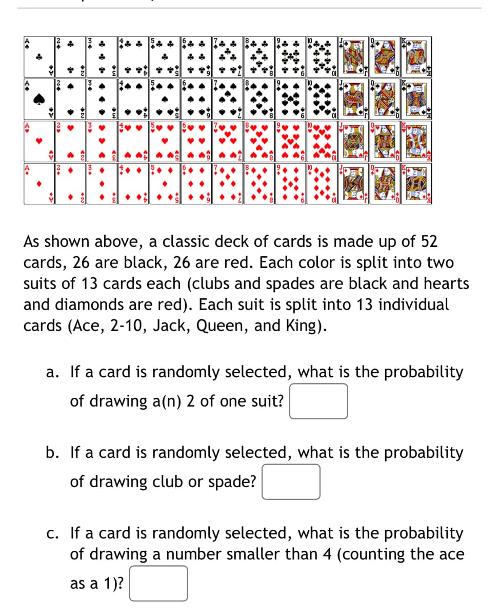 * * * * **
A
As shown above, a classic deck of cards is made up of 52
cards, 26 are black, 26 are red. Each color is split into two
suits of 13 cards each (clubs and spades are black and hearts
and diamonds are red). Each suit is split into 13 individual
cards (Ace, 2-10, Jack, Queen, and King).
a. If a card is randomly selected, what is the probability
of drawing a(n) 2 of one suit?
b. If a card is randomly selected, what is the probability
of drawing club or spade?
c. If a card is randomly selected, what is the probability
of drawing a number smaller than 4 (counting the ace
as a 1)?
of
