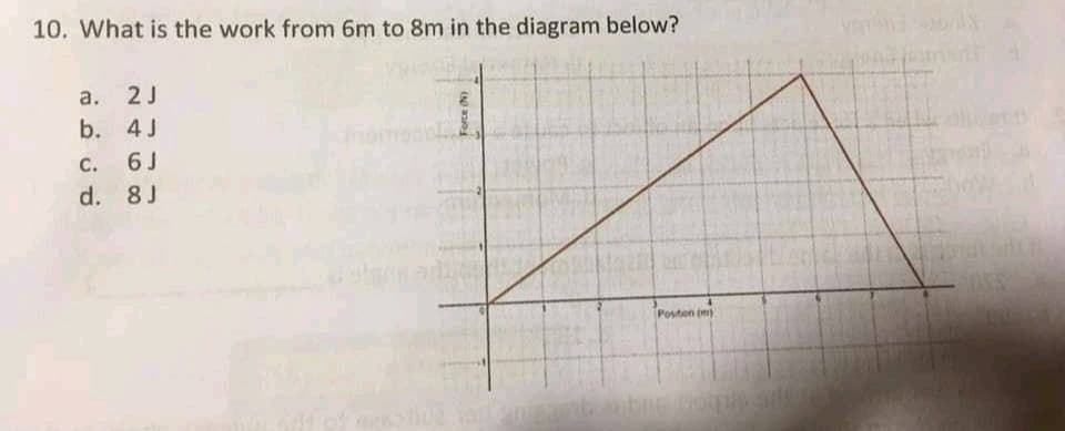 10. What is the work from 6m to 8m in the diagram below?
a.
b. 4J
C.
6 J
d. 8J
Posten (m)
Force N)
EGO
