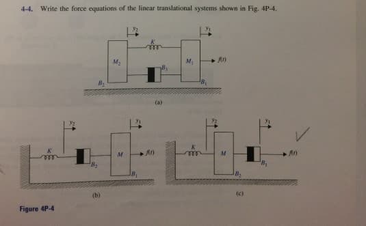 4-4. Write the force equations of the linear translational systems shown in Fig. 4P-4.
voo
Figure 4P-4
B₂
(b)
M₂
M
V₂
JB₁
voo
(1)
M₁
K
m
3₁
¹B₁
f(1)
M
B₂
(c)
Ar)