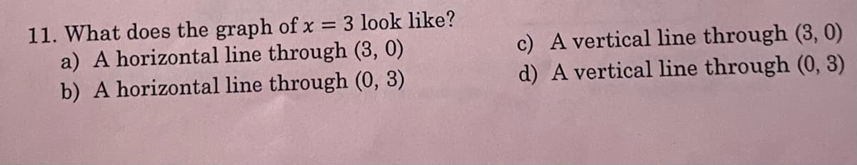 11. What does the graph of x = 3 look like?
a) A horizontal line through (3, 0)
b) A horizontal line through (0, 3)
c) A vertical line through (3, 0)
d) A vertical line through (0, 3)
