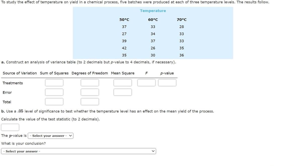 To study the effect of temperature on yield in a chemical process, five batches were produced at each of three temperature levels. The results follow.
Temperature
50°C
60°C
70°C
37
33
28
27
34
33
39
37
33
42
26
35
35
30
36
a. Construct an analysis of variance table (to 2 decimals but p-value to 4 decimals, if necessary).
Source of Variation Sum of Squares Degrees of Freedom Mean Square
F
p-value
Treatments
Error
Total
b. Use a .05 level of significance to test whether the temperature level has an effect on the mean yield of the process.
Calculate the value of the test statistic (to 2 decimals).
The p-value is
- Select your answer
What is your conclusion?
- Select your answer -
