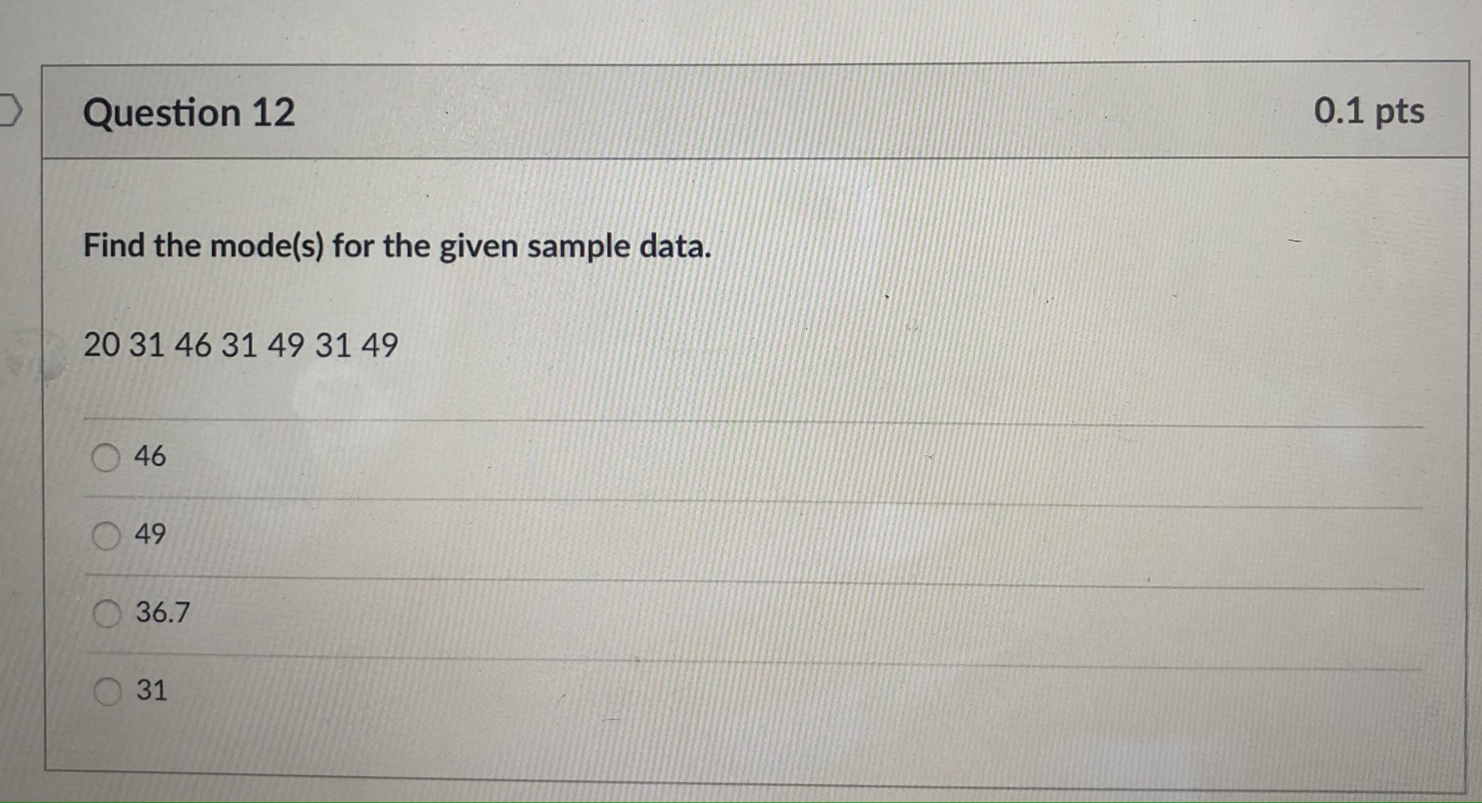 Find the mode(s) for the given sample data.
20 31 46 31 49 31 49
