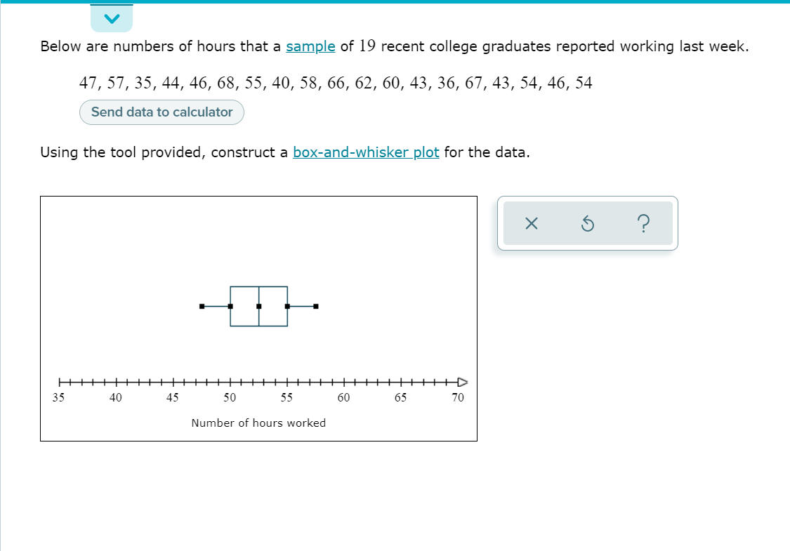 Below are numbers of hours that a sample of 19 recent college graduates reported working last week.
47, 57, 35, 44, 46, 68, 55, 40, 58, 66, 62, 60, 43, 36, 67, 43, 54, 46, 54
Send data to calculator
Using the tool provided, construct a box-and-whisker plot for the data.
?
+++++D
35
40
45
50
55
60
65
70
Number of hours worked
