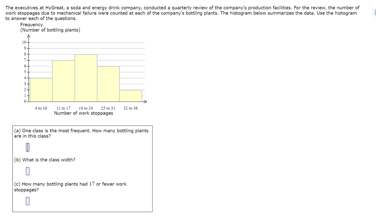 The executives at HyGreat, a soda and energy drink company, conducted a quarterly review of the company's production facilities. For the review, the number of
work stoppages due to mechanical failure were counted at each of the company's bottling plants. The histogram below summarizes the data. Use the histogram
to answer each of the questions.
Frequency
(Number of bottling plants)
10-
9.
8.
7
6-
5.
4.
3.
2-
1
4 to 10
11 to 17
18 to 24
25 to 31
32 to 38
Number of work stoppages
(a) One class is the most frequent. How many bottling plants
are in this class?
(b) What is the class width?
(c) How many bottling plants had 17 or fewer work
stoppages?
