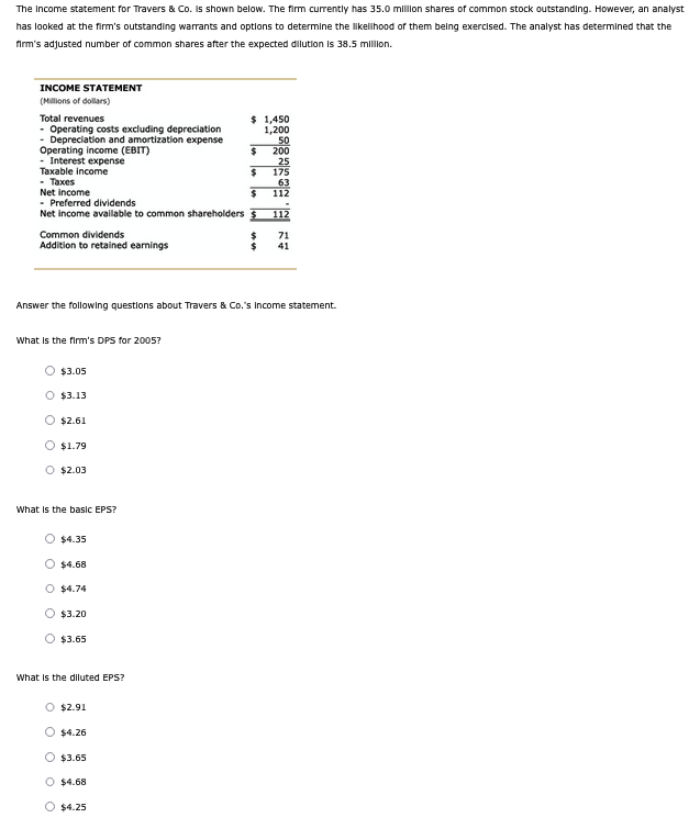 The Income statement for Travers & Co. is shown below. The firm currently has 35.0 million shares of common stock outstanding. However, an analyst
has looked at the firm's outstanding warrants and options to determine the likelihood of them being exercised. The analyst has determined that the
firm's adjusted number of common shares after the expected dilution is 38.5 million.
INCOME STATEMENT
(Millions of dollars)
Total revenues
- Operating costs excluding depreciation
- Depreciation and amortization expense
Operating income (EBIT)
- Interest expense
Taxable income
- Taxes
$
$
Net income
$
- Preferred dividends
Net income available to common shareholders $
$
Common dividends
Addition to retained earnings
What is the firm's DPS for 2005?
$3.05
Answer the following questions about Travers & Co.'s Income statement.
O $3.13
$2.61
O $1.79
O $2.03
What is the basic EPS?
$4.35
$4.68
$4.74
$3.20
$3.65
What is the diluted EPS?
O $2.91
$4.26
$ 1,450
1,200
50
200
25
175
63
112
O $3.65
O $4.68
$4.25
112
71
41