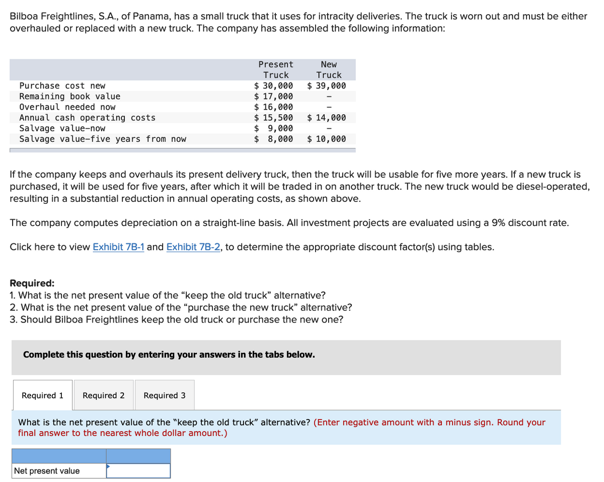 Bilboa Freightlines, S.A., of Panama, has a small truck that it uses for intracity deliveries. The truck is worn out and must be either
overhauled or replaced with a new truck. The company has assembled the following information:
Purchase cost new
Remaining book value
Overhaul needed now
Annual cash operating costs
Salvage value-now
Salvage value-five years from now
Present
Truck
$ 30,000
$ 17,000
$ 16,000
$ 15,500
Required 1
New
Truck
$ 39,000
If the company keeps and overhauls its present delivery truck, then the truck will be usable for five more years. If a new truck is
purchased, it will be used for five years, after which it will be traded in on another truck. The new truck would be diesel-operated,
resulting in a substantial reduction in annual operating costs, as shown above.
The company computes depreciation on a straight-line basis. All investment projects are evaluated using a 9% discount rate.
Click here to view Exhibit 7B-1 and Exhibit 7B-2, to determine the appropriate discount factor(s) using tables.
$ 14,000
Required:
1. What is the net present value of the "keep the old truck" alternative?
2. What is the net present value of the "purchase the new truck" alternative?
3. Should Bilboa Freightlines keep the old truck or purchase the new one?
Required 2 Required 3
Net present value
$
9,000
$ 8,000 $ 10,000
Complete this question by entering your answers in the tabs below.
What is the net present value of the "keep the old truck" alternative? (Enter negative amount with a minus sign. Round your
final answer to the nearest whole dollar amount.)