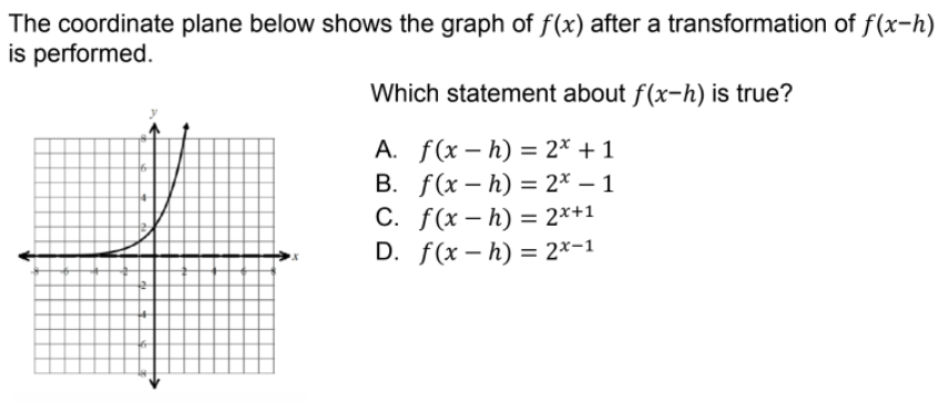 The coordinate plane below shows the graph of f(x) after a transformation of f(x-h)
is performed.
Which statement about f(x-h) is true?
A. f(x – h) = 2* + 1
B. f(x – h) = 2* – 1
C. f(x – h) = 2*+1
D. f(x – h) = 2x-1
%3D
