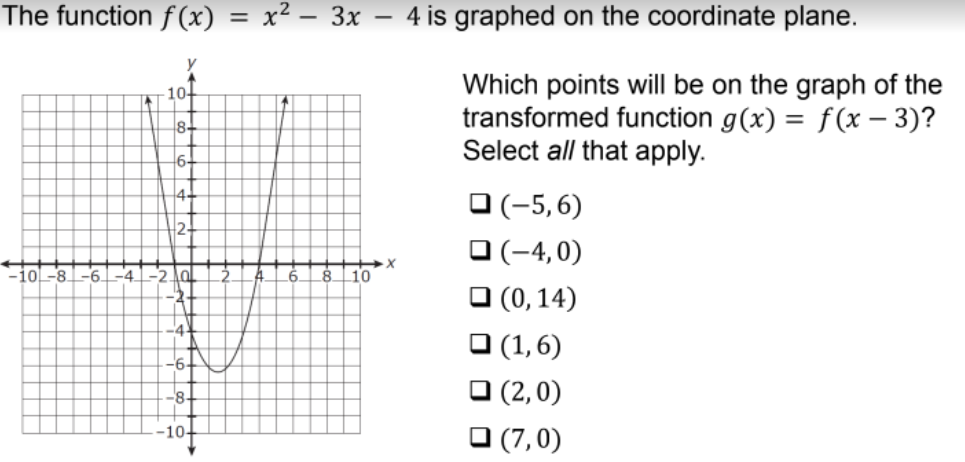 The function f (x)
x² – 3x – 4 is graphed on the coordinate plane.
Which points will be on the graph of the
transformed function g(x) = f(x – 3)?
Select all that apply.
10-
8-
6-
O (-5,6)
O (-4, 0)
O (0, 14)
O (1,6)
O (2,0)
O (7,0)
-61-4
2
10
-4
-6-
-8-
-10-
