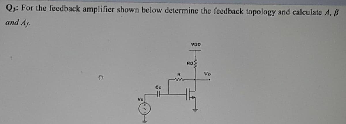 Q3: For the feedback amplifier shown below determine the feedback topology and calculate A, B
and Af.
VDD
R
www
RD
Vo