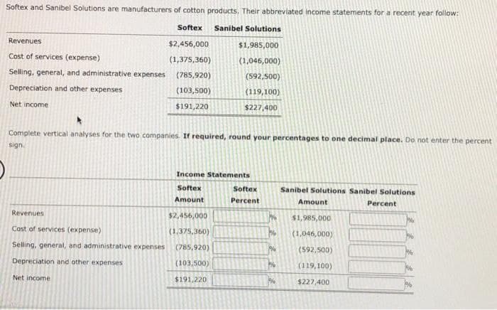 Softex and Sanibel Solutions are manufacturers of cotton products. Their abbreviated income statements for a recent year follow:
Sanibel Solutions
$1,985,000
(1,046,000)
(592,500)
(119,100)
$227,400
Softex
Revenues
$2,456,000
Cost of services (expense)
(1,375,360)
Selling, general, and administrative expenses (785,920)
Depreciation and other expenses
(103,500)
Net income
$191,220
*
Complete vertical analyses for the two companies. If required, round your percentages to one decimal place. Do not enter the percent
sign.
Revenues
Cost of services (expense)
Selling, general, and administrative expenses
Depreciation and other expenses
Net income
Income Statements
Softex
Amount
$2,456,000
(1,375,360)
(785,920)
(103,500)
$191,220
Softex
Percent
M
%%
%
P%
%%
Sanibel Solutions Sanibel Solutions
Amount
$1,985,000
(1,046,000)
(592,500)
(119,100)
$227,400
Percent
PM
P