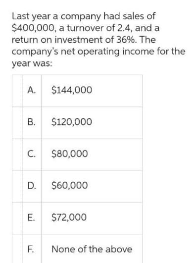 Last year a company had sales of
$400,000, a turnover of 2.4, and a
return on investment of 36%. The
company's net operating income for the
year was:
A.
B.
C.
D.
E.
F.
$144,000
$120,000
$80,000
$60,000
$72,000
None of the above