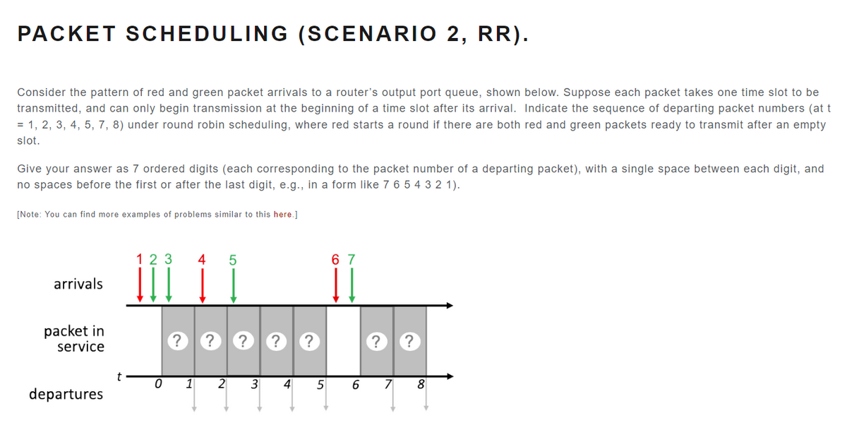 PACKET SCHEDULING (SCENARIO 2, RR).
Consider the pattern of red and green packet arrivals to a router's output port queue, shown below. Suppose each packet takes one time slot to be
transmitted, and can only begin transmission at the beginning of a time slot after its arrival. Indicate the sequence of departing packet numbers (at t
= 1, 2, 3, 4, 5, 7, 8) under round robin scheduling, where red starts a round if there are both red and green packets ready to transmit after an empty
slot.
Give your answer as 7 ordered digits (each corresponding to the packet number of a departing packet), with a single space between each digit, and
no spaces before the first or after the last digit, e.g., in a form like 7 6 5 4 3 2 1).
[Note: You can find more examples of problems similar to this here.]
arrivals
packet in
service
departures
t
123 4 5
0
1
LO
2
?
3
?
4
5
67
6
7
?
8