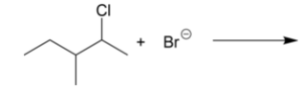 This image depicts a chemical reaction involving two reactants: 2-chloropropane (1-chloro-2-methylpropane) and a bromide ion (Br⁻).

**Explanation:**

- The first reactant is 2-chloropropane, which has the molecular structure:
  
  ```
      Cl
       |
  CH3-CH-CH3
       |
      CH3
  ```

  This compound contains three carbon atoms arranged as follows:
  - One central carbon atom bonded to a chlorine (Cl) atom.
  - Two carbon atoms bonded to the central carbon atom, each with two hydrogen atoms.

- The second reactant is a bromide ion (Br⁻).

- An arrow points to the right, indicating the direction of the chemical reaction, leading to the formation of products.

This reaction is indicative of a nucleophilic substitution (S_N2) or elimination reaction in organic chemistry, where a nucleophile (Br⁻) may replace the leaving group (Cl), or participate in a beta elimination process. The exact nature of the reaction depends on additional details like the solvents and conditions used, which are not provided in the image.

This information can serve as an educational aid for students studying organic chemistry, specifically the topics of alkyl halides and nucleophilic substitution and elimination reactions.