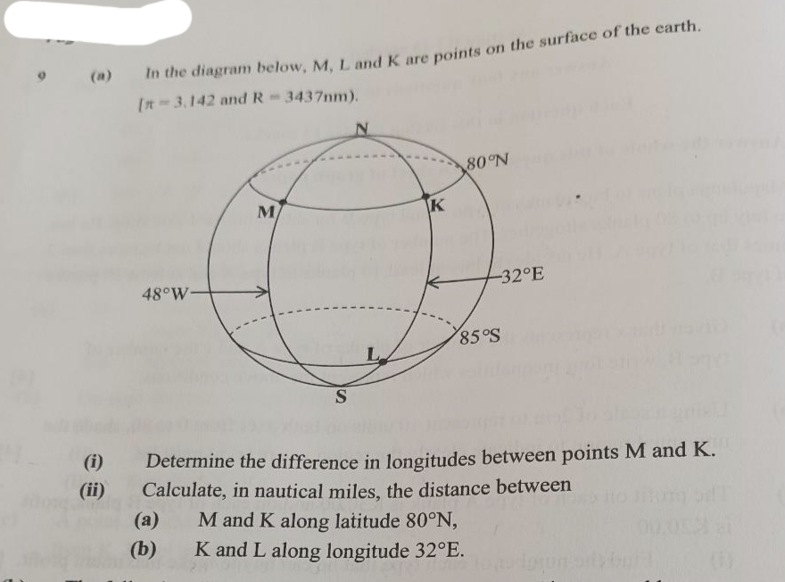 (a)
(i)
(ii)
In the diagram below, M, L and K are points on the surface of the earth.
[-3.142 and R = 3437mm).
48°W-
M
(a)
(b)
S
L
K
80°N
-32°E
85°S
Determine the difference in longitudes between points M and K.
Calculate, in nautical miles, the distance between
M and K along latitude 80°N,
K and L along longitude 32°E.