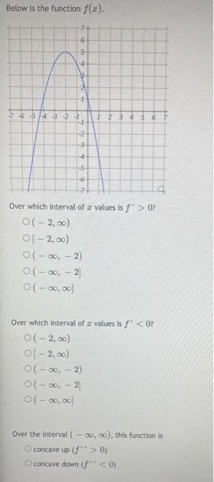 Below is the function f(x).
6
5
-765/4-3-2-1
4
+-
-2-
-3
--5-
6
Over which interval of z values is f'> 0?
O(-2,00)
O[-2,00)
0(-∞, - 2)
O(-∞, -2]
0(-∞0,00]
1 2 3 4 5 6 7
Over which interval of z values is f' < 0?
O(-2,00)
O[-2,00)
O(-∞, -2)
O(-∞, -2]
0(-∞0,00]
Over the interval (-oo, oo), this function is
O concave up (f" > 0)
O concave down (f" < 0)