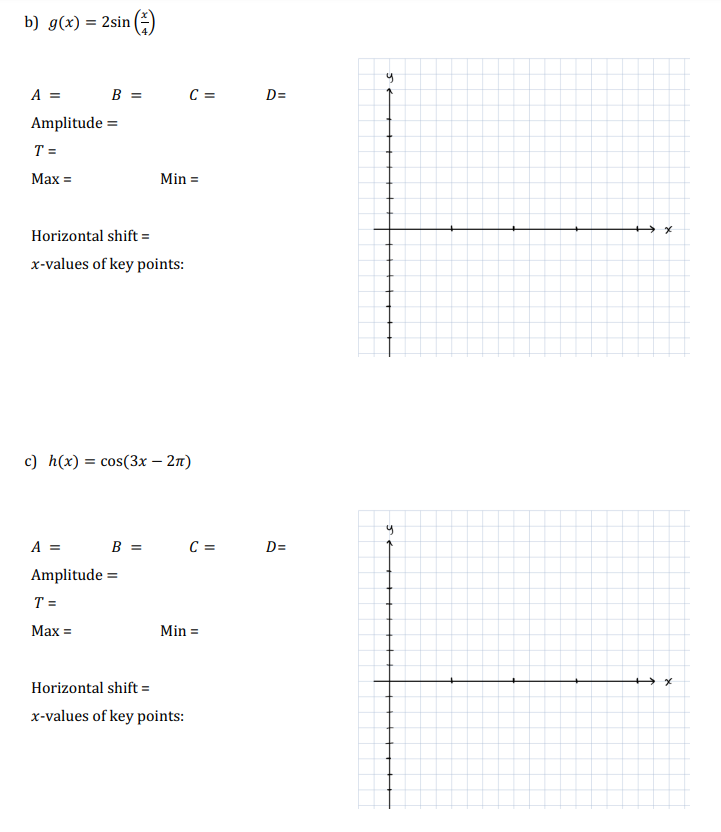 b) g(x) = 2sin()
B =
A =
Amplitude =
T =
Max =
Horizontal shift =
x-values of key points:
B =
Min =
c) h(x) = cos(3x - 2π)
A =
Amplitude =
T =
Max =
C =
Horizontal shift =
x-values of key points:
C =
Min =
D=
D=
5
5
X
X