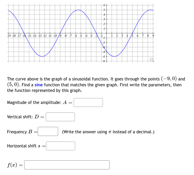 -19-18 -17 -16 -15 -14 -13 -12 -11 -10/9 -8 -7 -6 -5 -4 -3A-1
6+
5
4
3
2
1
2
3
4
15 6 7 8 9
2
-5
The curve above is the graph of a sinusoidal function. It goes through the points (-9,0) and
(5,0). Find a sine function that matches the given graph. First write the parameters, then
the function represented by this graph.
Magnitude of the amplitude: A
Vertical shift: D =
Frequency B
Horizontal shifts =
=
(Write the answer using π instead of a decimal.)
f(x) =
=