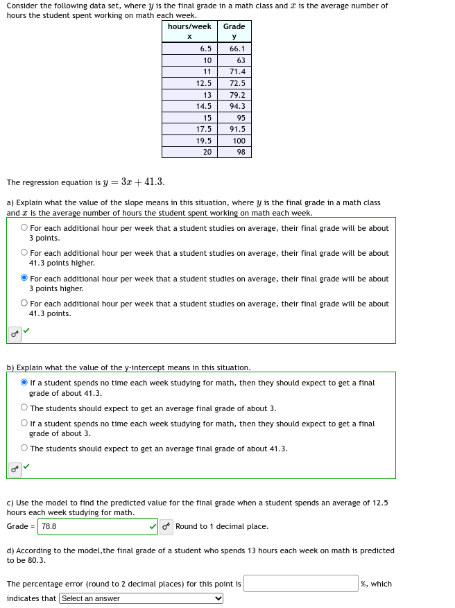 Consider the following data set, where y is the final grade in a math class and is the average number of
hours the student spent working on math each week.
hours/week
X
6.5
10
11
12.5
13
14.5
15
17.5
19.5
20
Grade
y
66.1
63
71.4
72.5
79.2
94.3
95
91.5
100
98
The regression equation is y = 3x + 41.3.
a) Explain what the value of the slope means in this situation, where y is the final grade in a math class
and is the average number of hours the student spent working on math each week.
O For each additional hour per week that a student studies on average, their final grade will be about
3 points.
O For each additional hour per week that a student studies on average, their final grade will be about
41.3 points higher.
For each additional hour per week that a student studies on average, their final grade will be about
3 points higher.
O For each additional hour per week that a student studies on average, their final grade will be about
41.3 points.
b) Explain what the value of the y-intercept means in this situation.
If a student spends no time each week studying for math, then they should expect to get a final
grade of about 41.3.
O The students should expect to get an average final grade of about 3.
O If a student spends no time each week studying for math, then they should expect to get a final
grade of about 3.
The students should expect to get an average final grade of about 41.3.
c) Use the model to find the predicted value for the final grade when a student spends an average of 12.5
hours each week studying for math.
Grade = 78.8
Round to 1 decimal place.
d) According to the model, the final grade of a student who spends 13 hours each week on math is predicted
to be 80.3.
The percentage error (round to 2 decimal places) for this point is
indicates that Select an answer
%, which