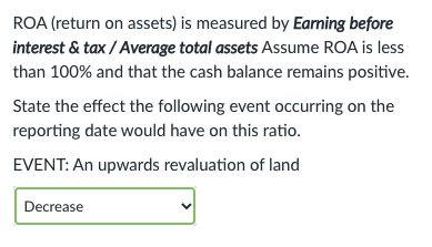 ROA (return on assets) is measured by Earning before
interest & tax / Average total assets Assume ROA is less
than 100% and that the cash balance remains positive.
State the effect the following event occurring on the
reporting date would have on this ratio.
EVENT: An upwards revaluation of land
Decrease
